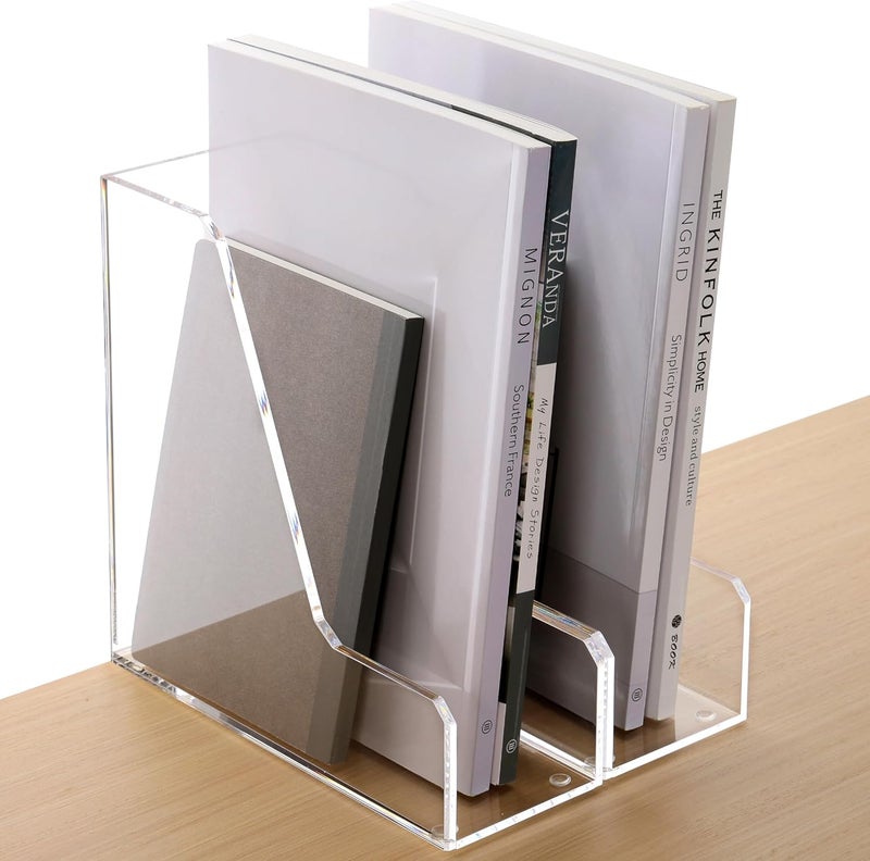 HeZone Acrylic Magazine Rack File Holder Desk Organizers and Storage 2-Pack Small Clear Acrylic Vertical Magazine Holder Book Stand for Office Desk - Image 2